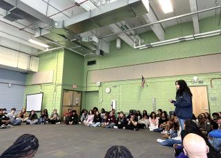 Students at Blue Hills Regional Technical High School engaged one another during Teen Speak Out on Wednesday, April 30.